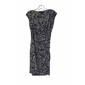 Chaps Ralph Lauren Dress Navy Blue Paisley Size M Stretch Ruched Faux Wrap